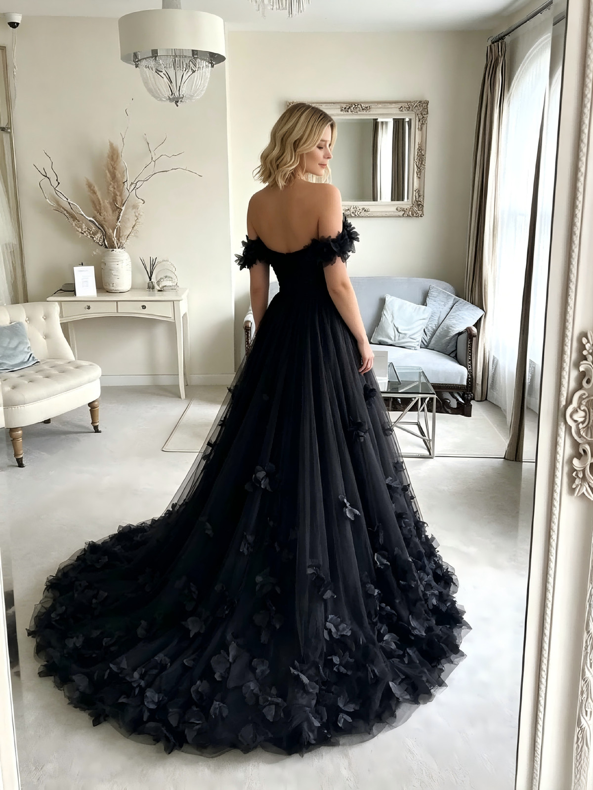 Black Off Shoulder 3D Flower Tulle Evening Gown Deep V Long Train Prom Dresses