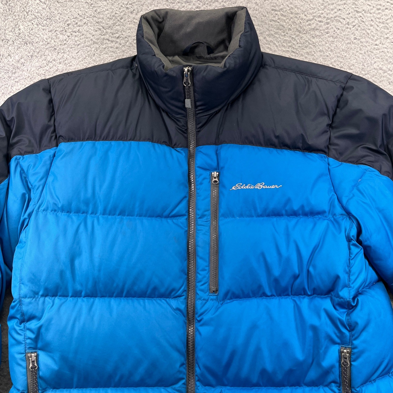 Eddie Bauer Puffer Jacket Mens Medium Blue Black EB650 Down Fill Winter Coat