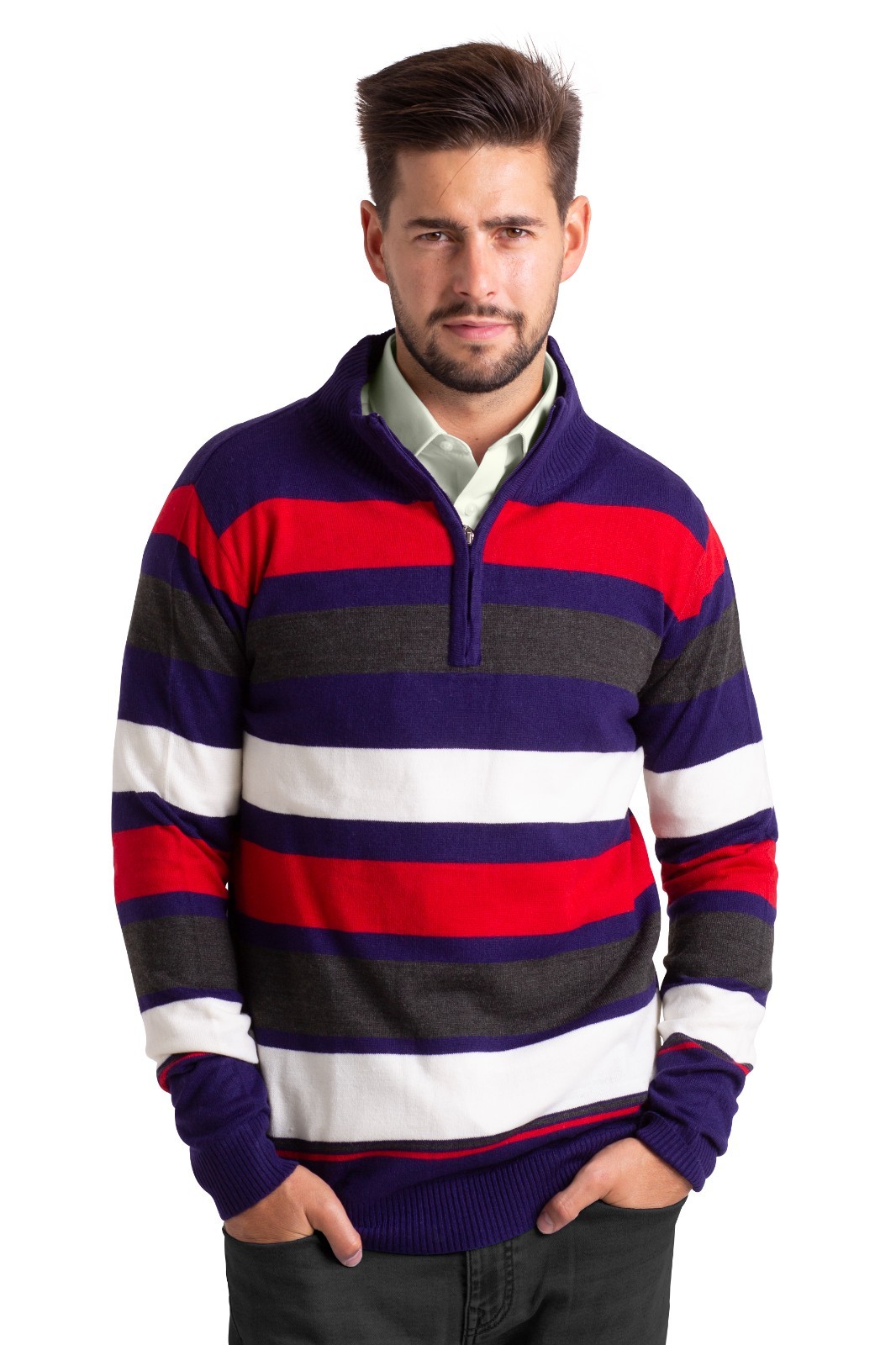 WESTACE Men’s Striped Quarter-Zip Sweater Casual Knit Pullover Jumper S-XXL