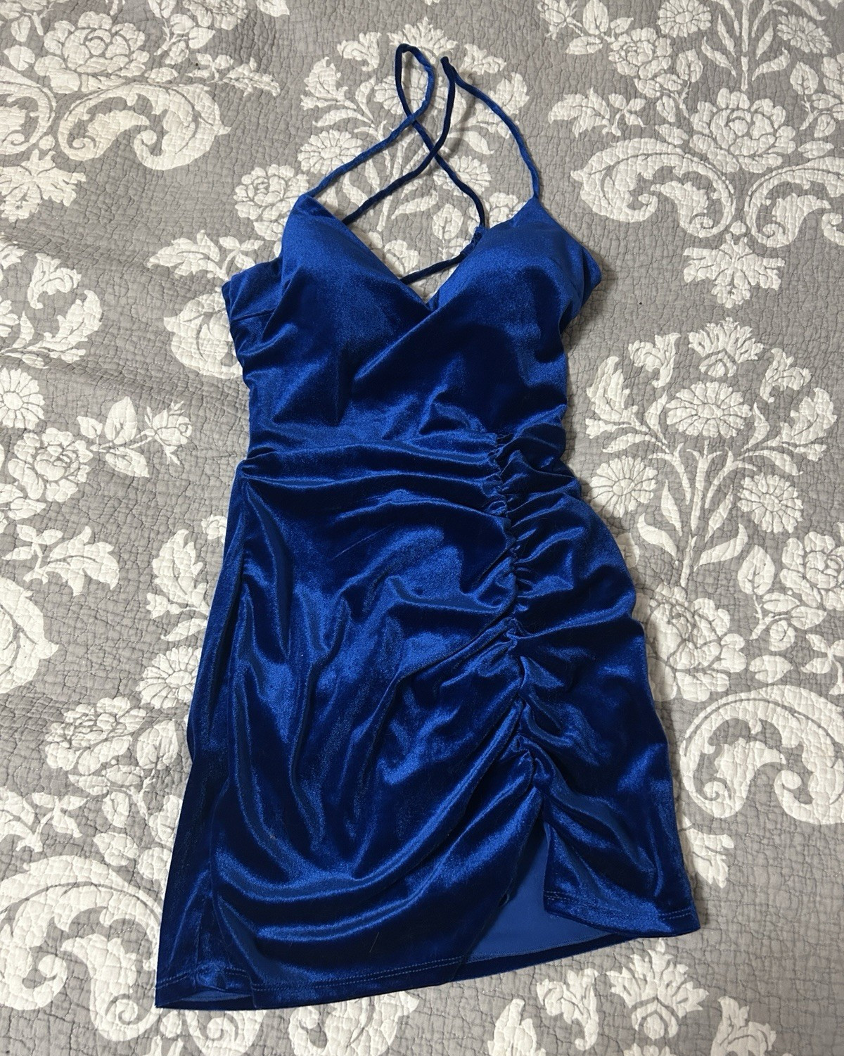 Windsor Blue Satin Mini Bodycon Dress S Ruched Strappy V-Neck Party
