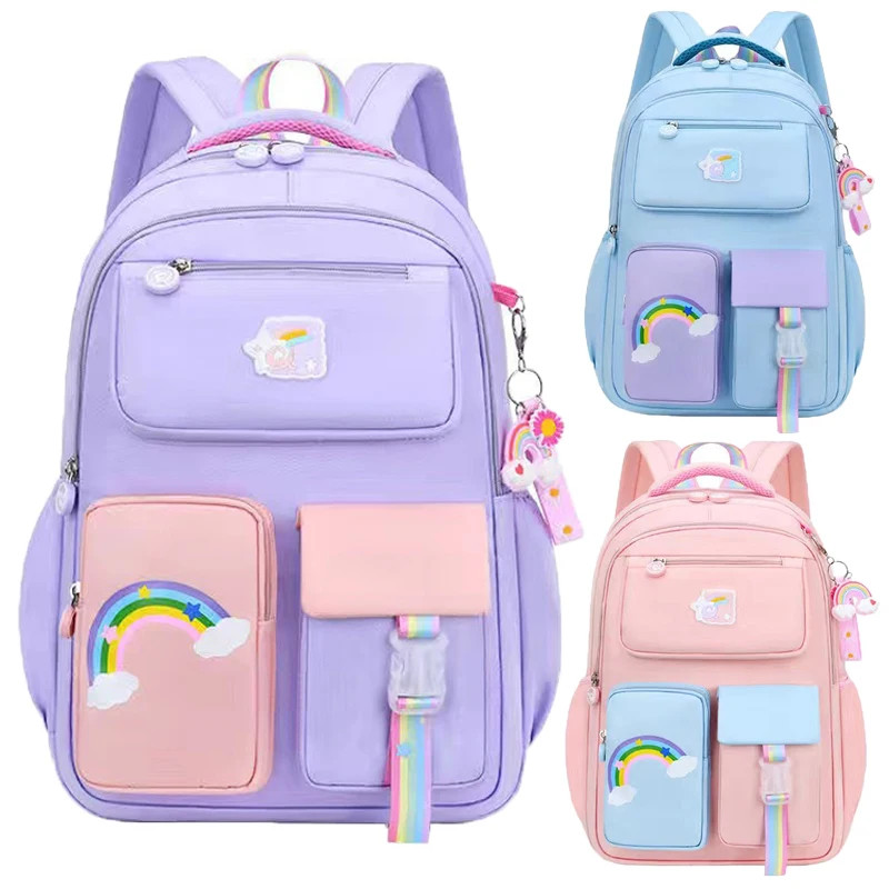 High Class Girls Backpack Macaron Color Block Rainbow Zipper Teen School Bag