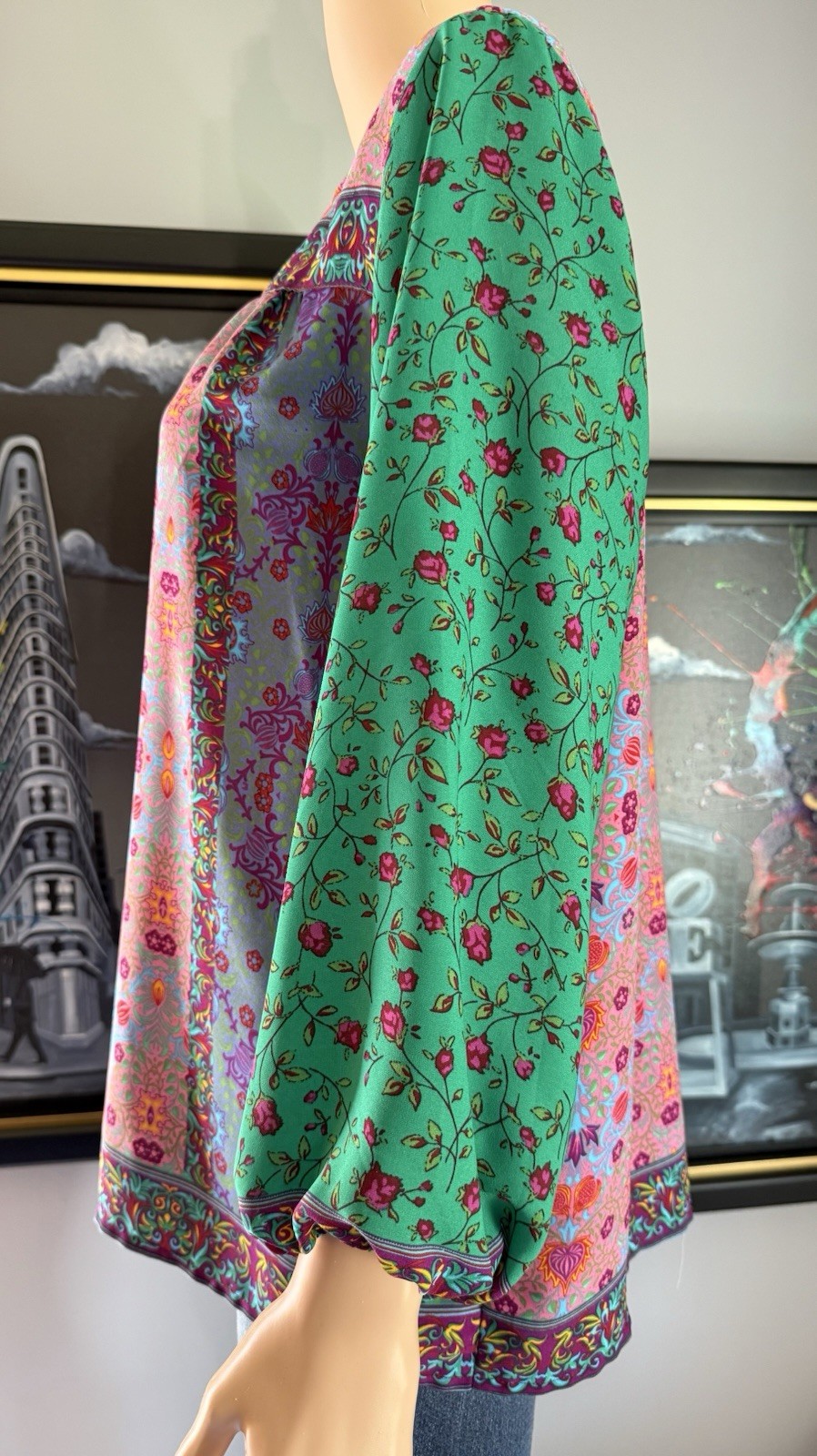 Dalia Women’s Pink Green Floral Mixed Print Peasant Blouse – Sz See Measurements