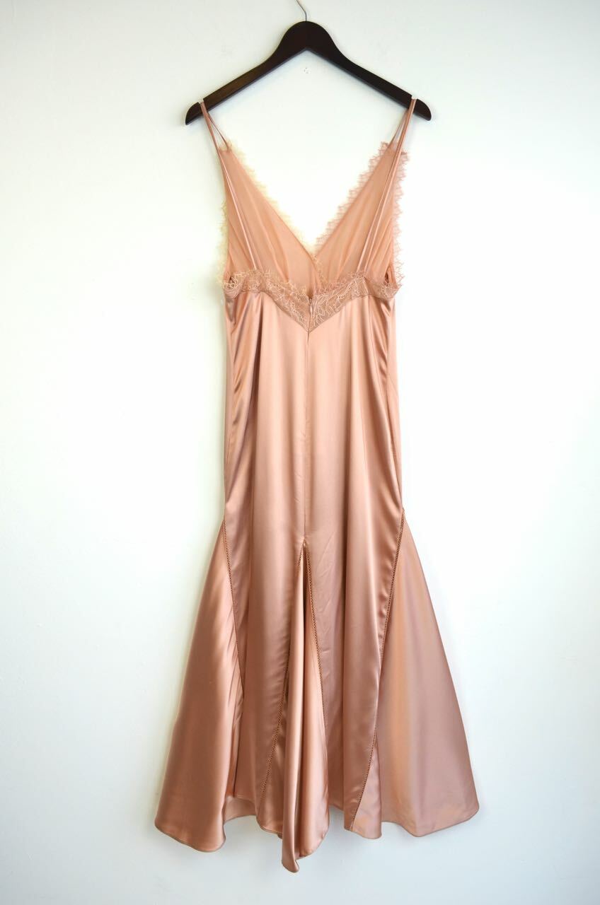 JONATHAN SIMKHAI Bronze Rose Gold Lace Trim Asymmetric Cocktail Dress 10 US NWD