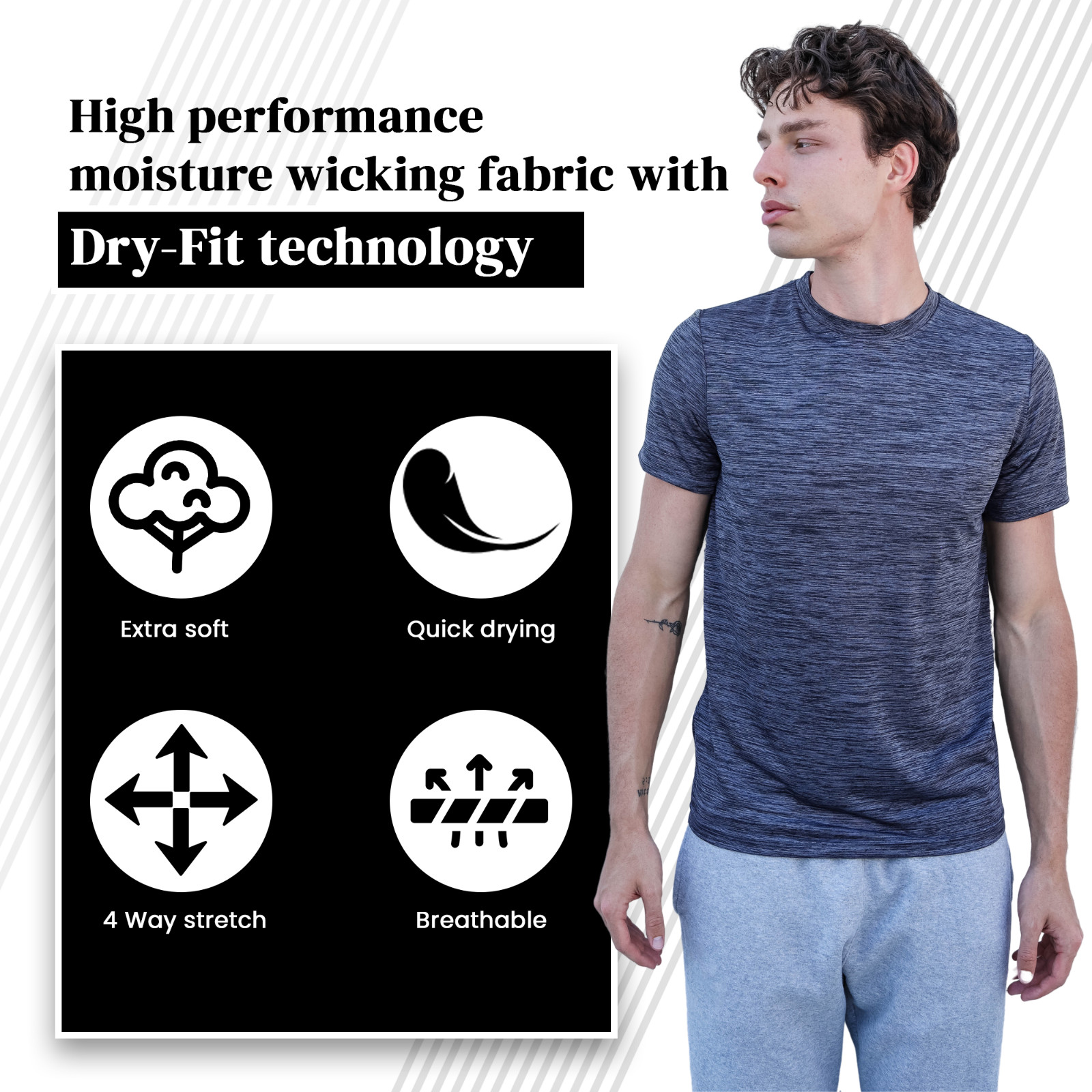 [5 Pack] Mens Active Athletic T Shirts Gym Running Workout Dry-Fit Crew Neck Top