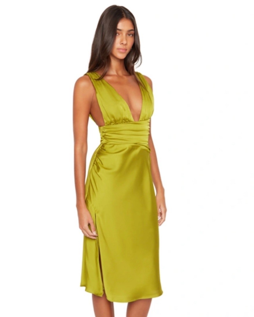 Guizio Satin Plunge Neck Midi Dress with Ruched Waist