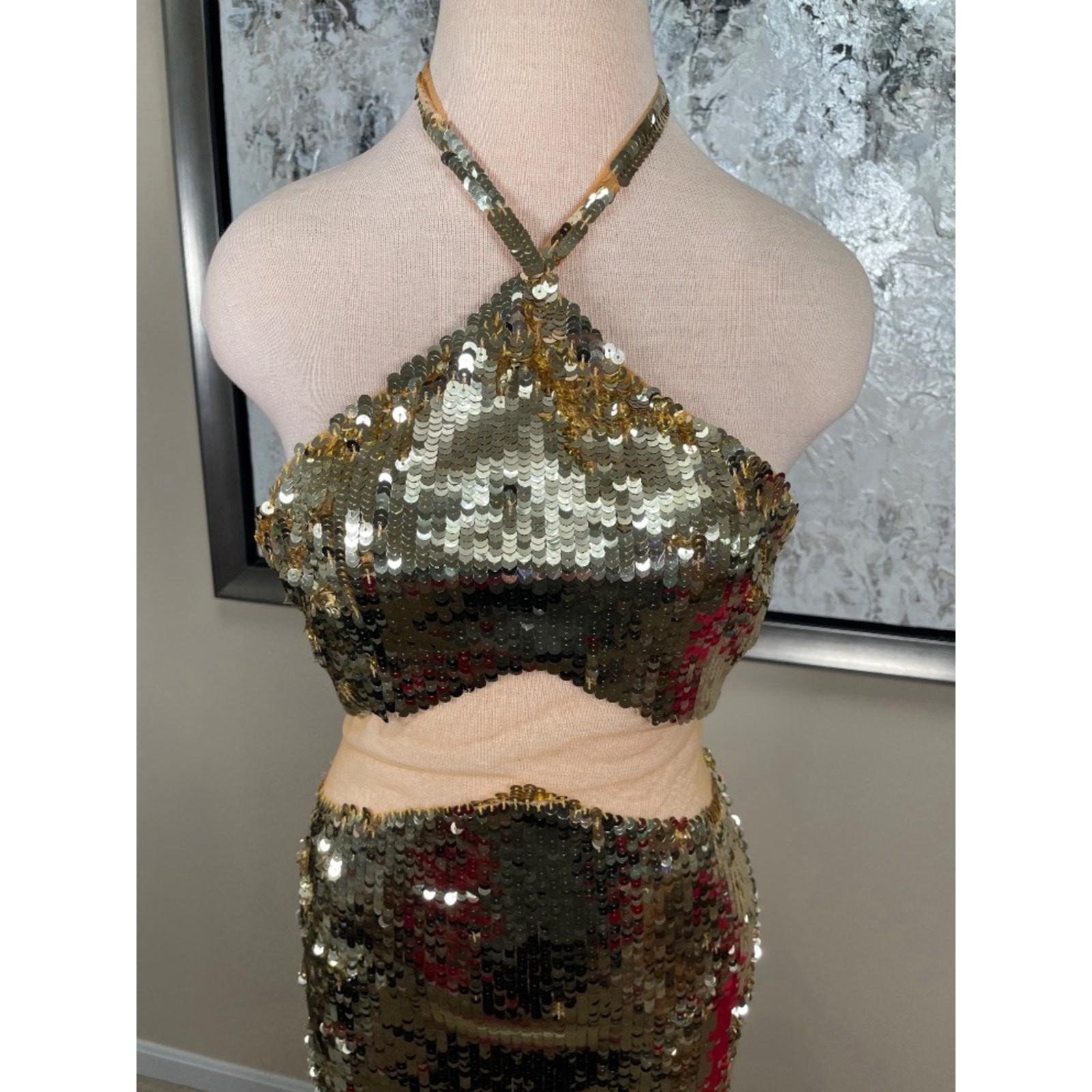 RETROFETE Kaeli Sequin Embellished Sheer Gold Maxi Dress Size Small