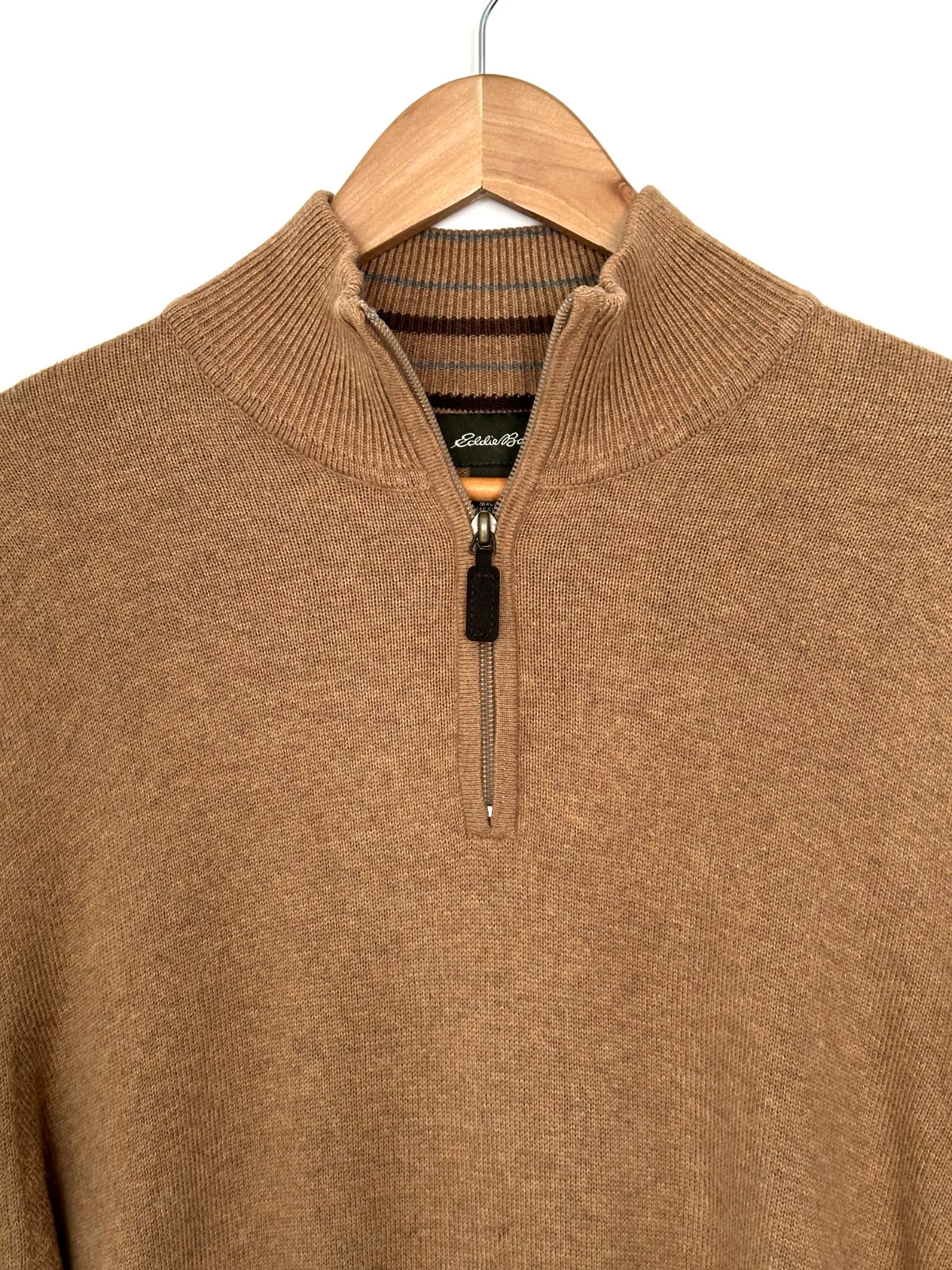 Eddie Bauer Mens Large Cotton Cashmere Quarter Zip Sweater Camel Brown