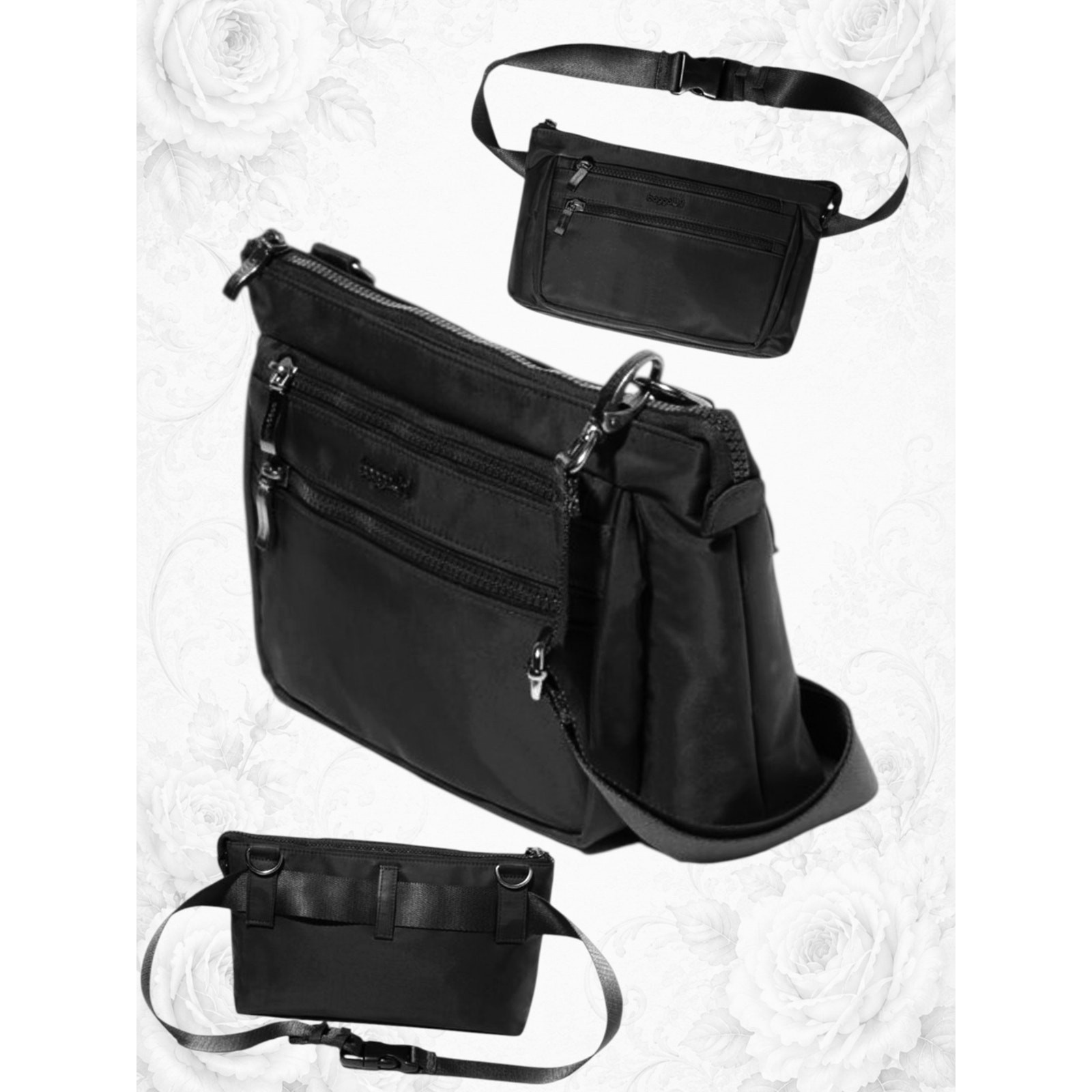 NWT Baggallini Pocket Belt Bag Crossbody RFID Black Waist Pack