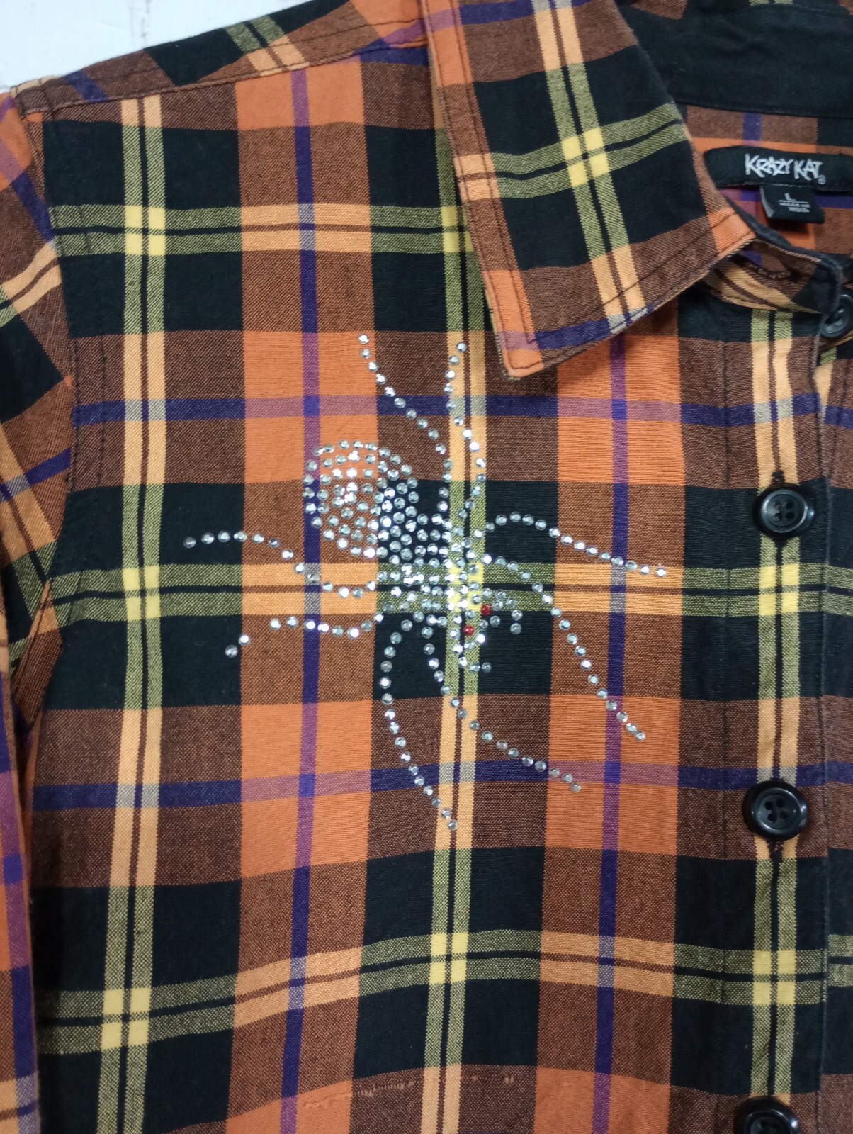 Krazy Kat Halloween Button Front Rhinestone Spider Shirt Women’s Size L