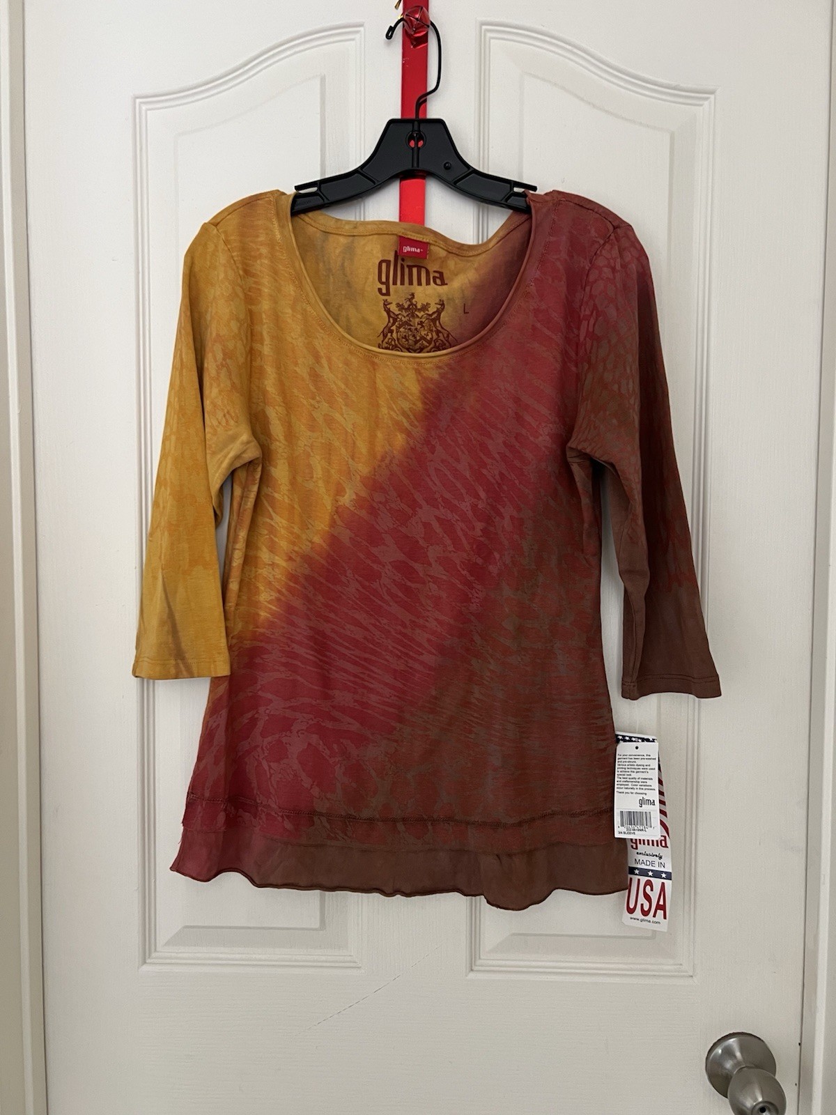 NWT Glima Tee Top Tie Blouse Dye 100% Cotton Yellow Red Sz Large Juniors