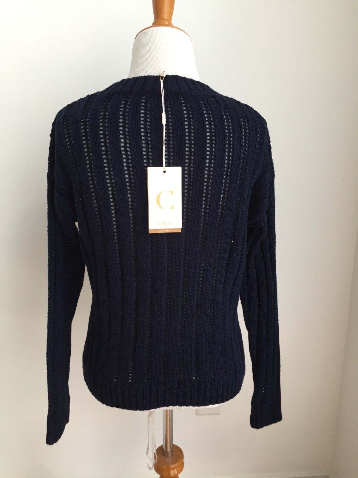 $79 CYRUS SMALL TEXTURED CROCHET COTTEN BLEND NAVY PULL OVER SWEATER WOMEN K