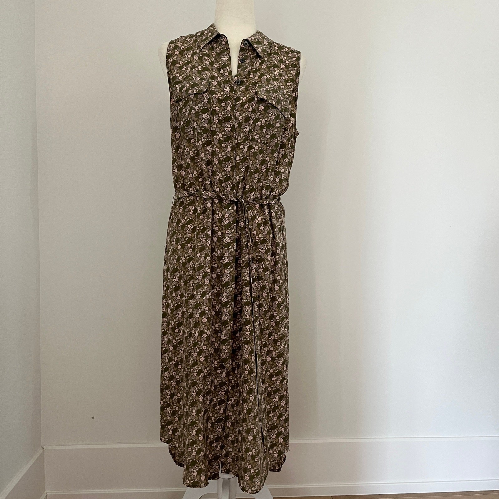 Equipment Femme Tegan Silk Sleeveless Midi Shirt Dress Green Floral Medium