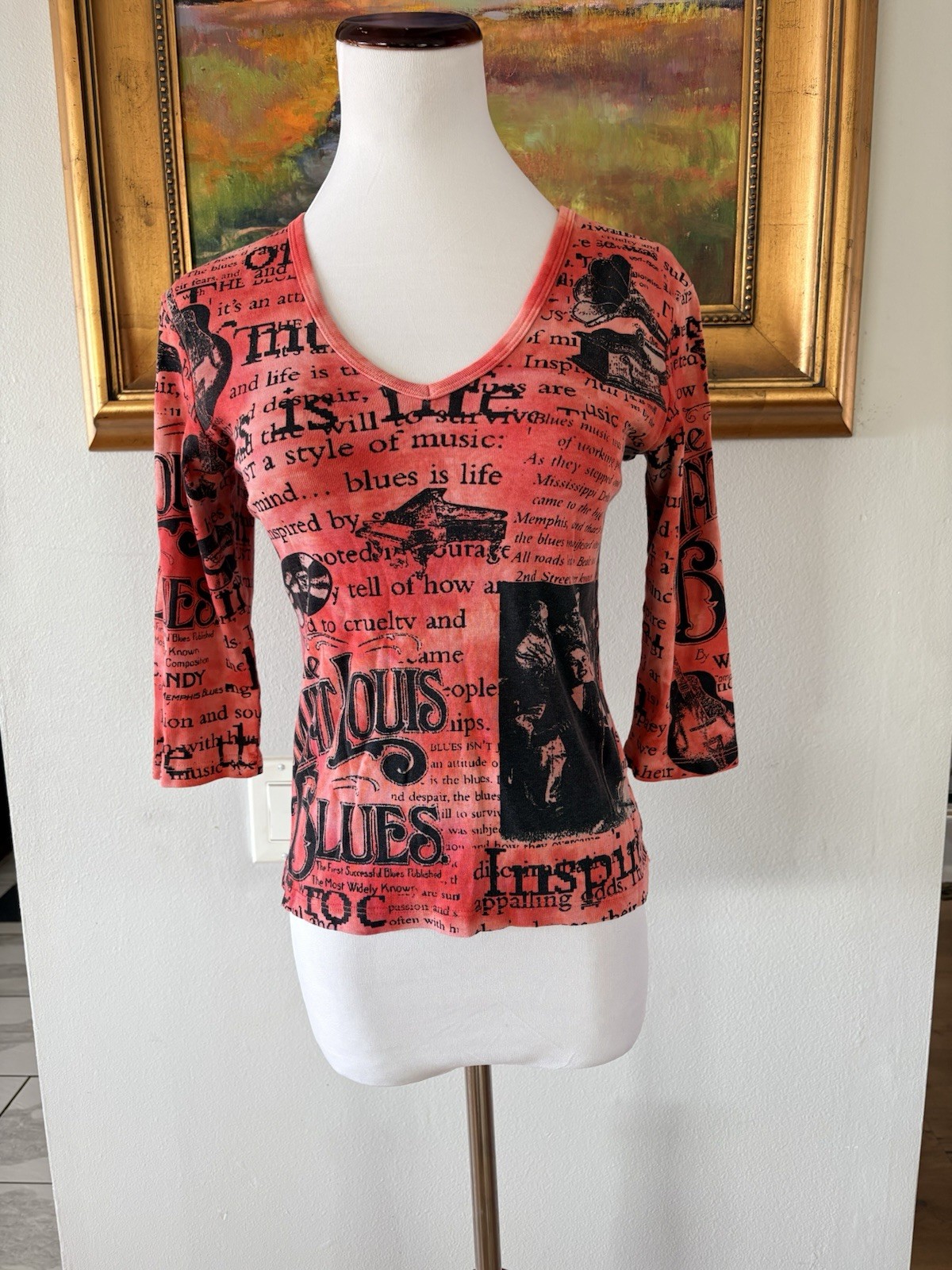 Glima Women’s Size Small Colorful Print St Louis Blues 3/4 Sleeve V Neck Top