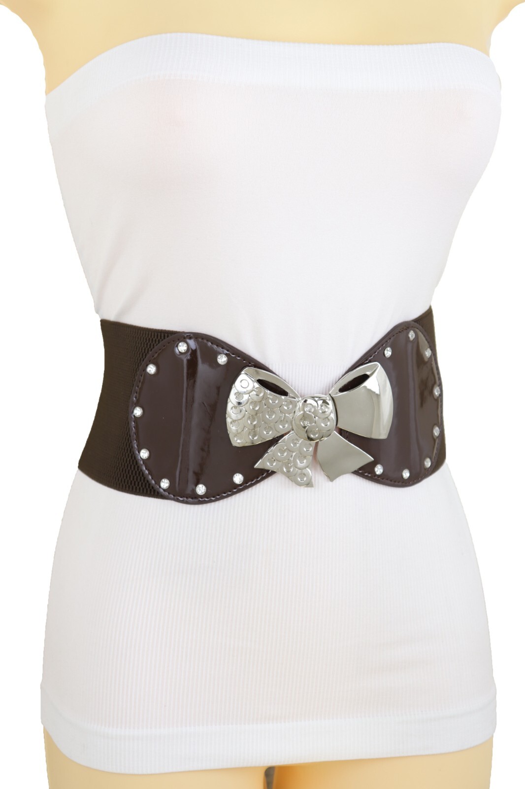 Women Dark Brown Color Wide Apparel Belt Silver Metal Bow Tie Ribbon Buckle S M