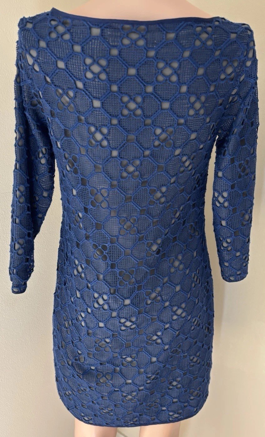 Catherine Malandrino Size 8 Navy Over Olive Green 3/4 Sleeve Shift Dress
