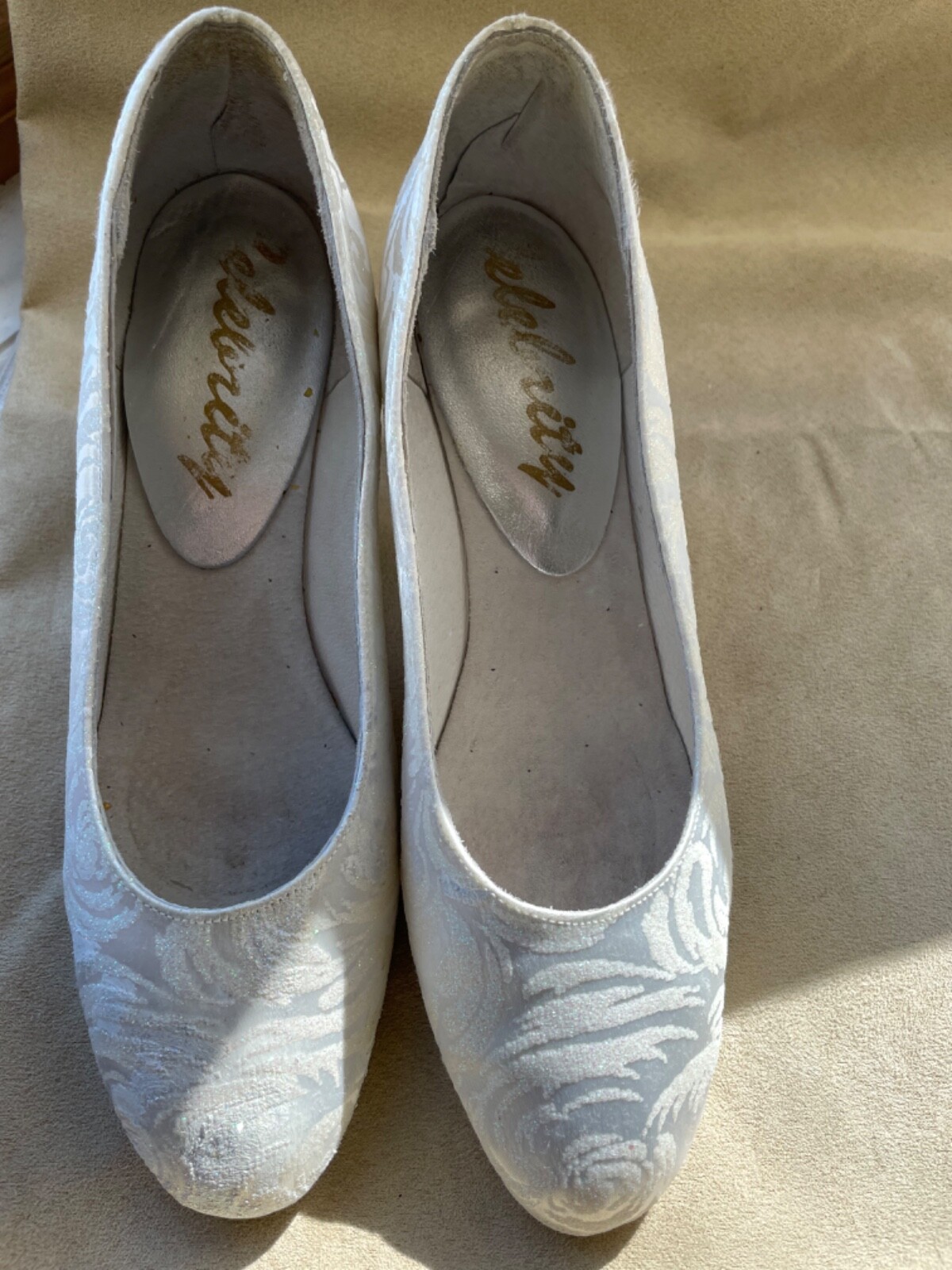 White Silk Damask Bridal or Ballroom or Theatre Dance Shoes by “Celebrity”