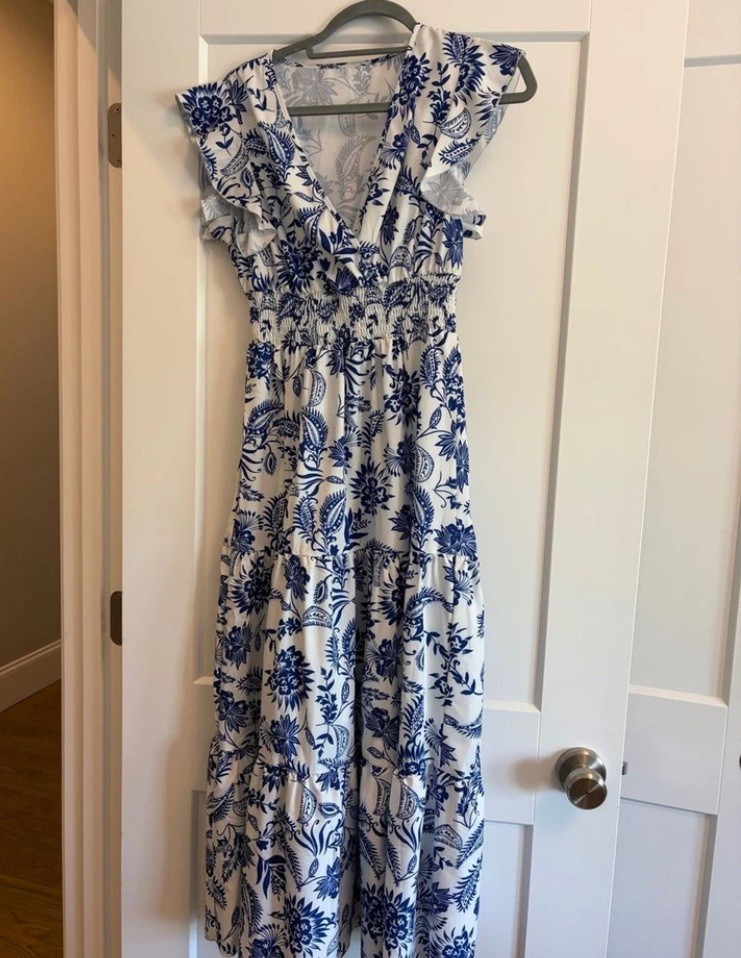 Blue and White Floral Maxi Dress with Ruffle Detail