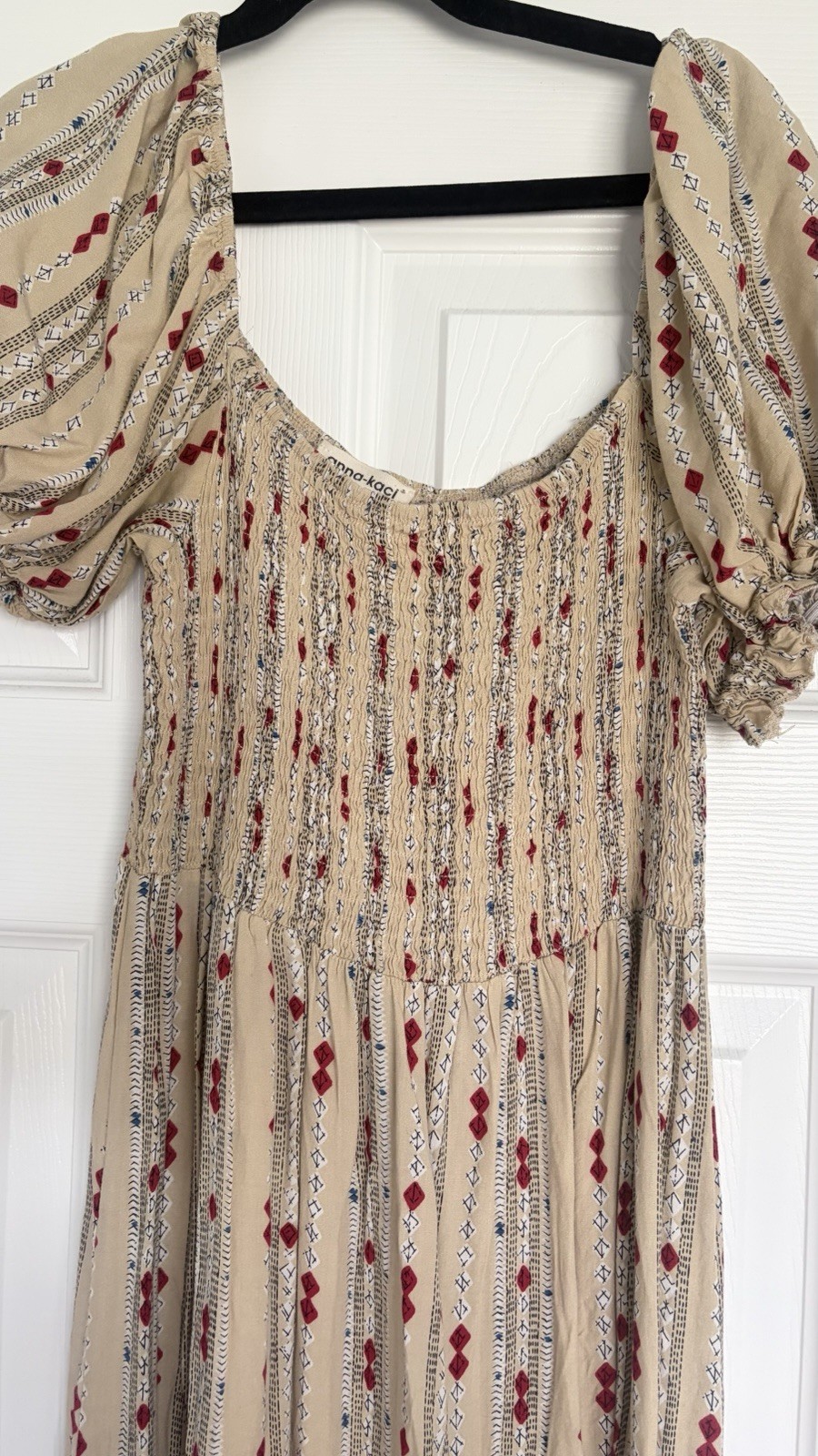 Umgee-Kaci Geometric Smocked Puff Sleeve Maxi Dress, S, Beige/Red/Blue