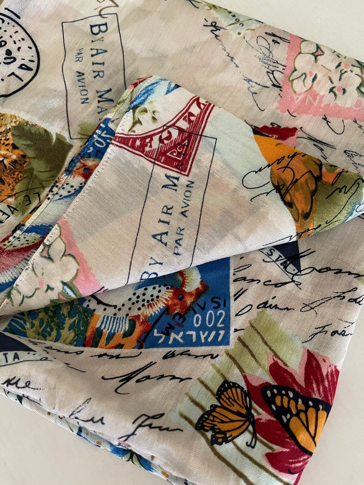 VTG Large stamp postmark square Scarf 100% Acrylic Multicolor Size 42″x42″