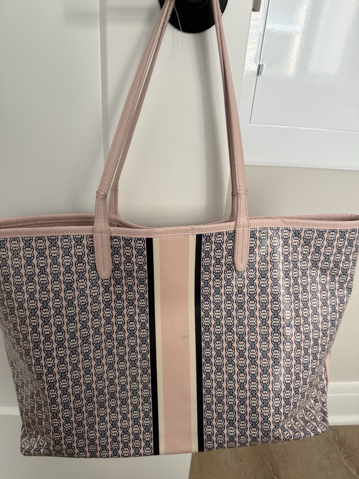 Tory Burch Gemini Link Canvas Tote Blush Pink Navy Gold Hardware Shoulder Bag