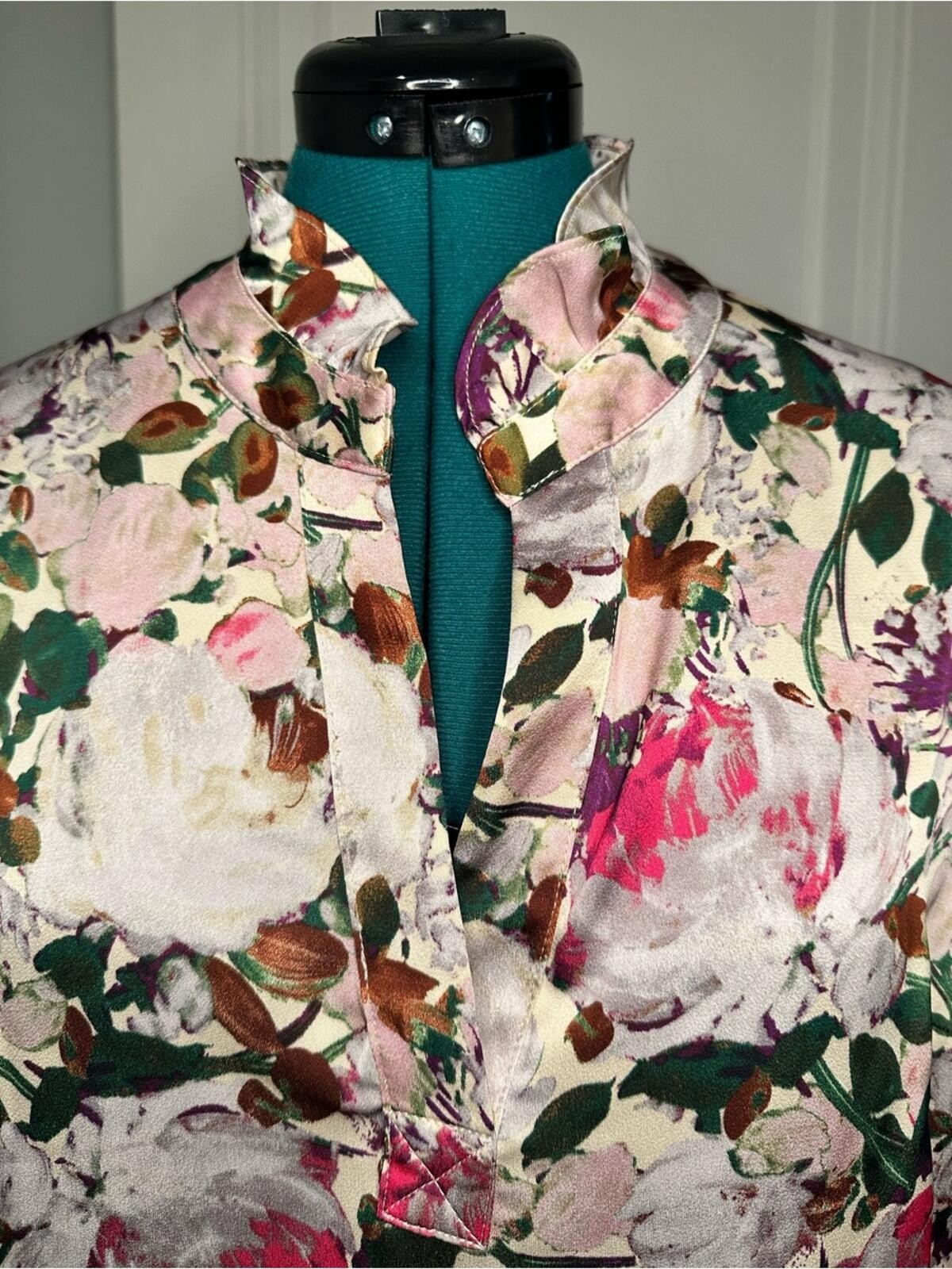 CAbi Floral Mandarin-Collar Blouse – Pink Multi with Green & Brown Accents