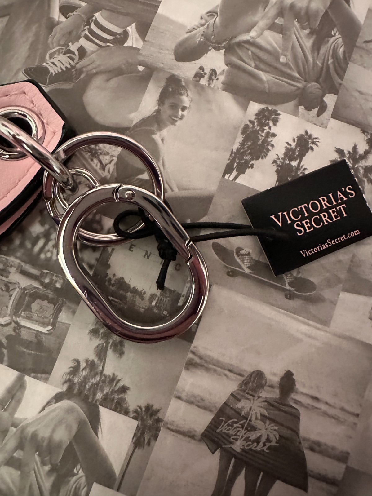 NWT Victoria’s Secret Rhinestone Keychain Wristlet Strap colorblock Pink V logo