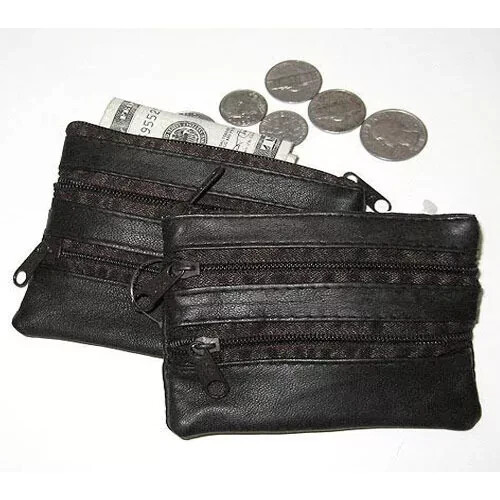 Black Genuine Leather Small Coin Holder Change Purse Zipper Key Card Wallet