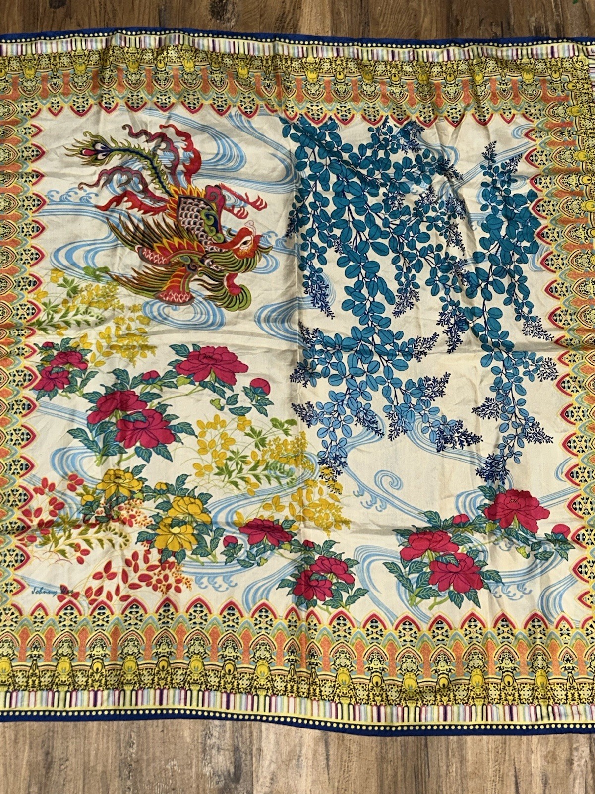 Johnny Was Silk Scarf Wrap Tassels 42 X 42” Bold Asian Inspired Phoenix Floral