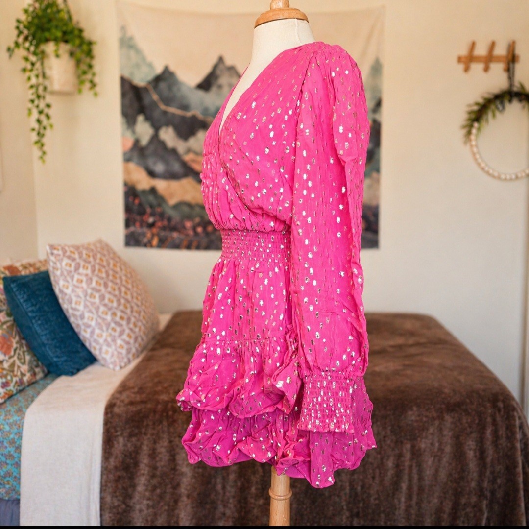 Lilly Pulitzer Cristiana Dress 12 Aura Pink Metallic Clip Dot Ruffle Smocked NWT