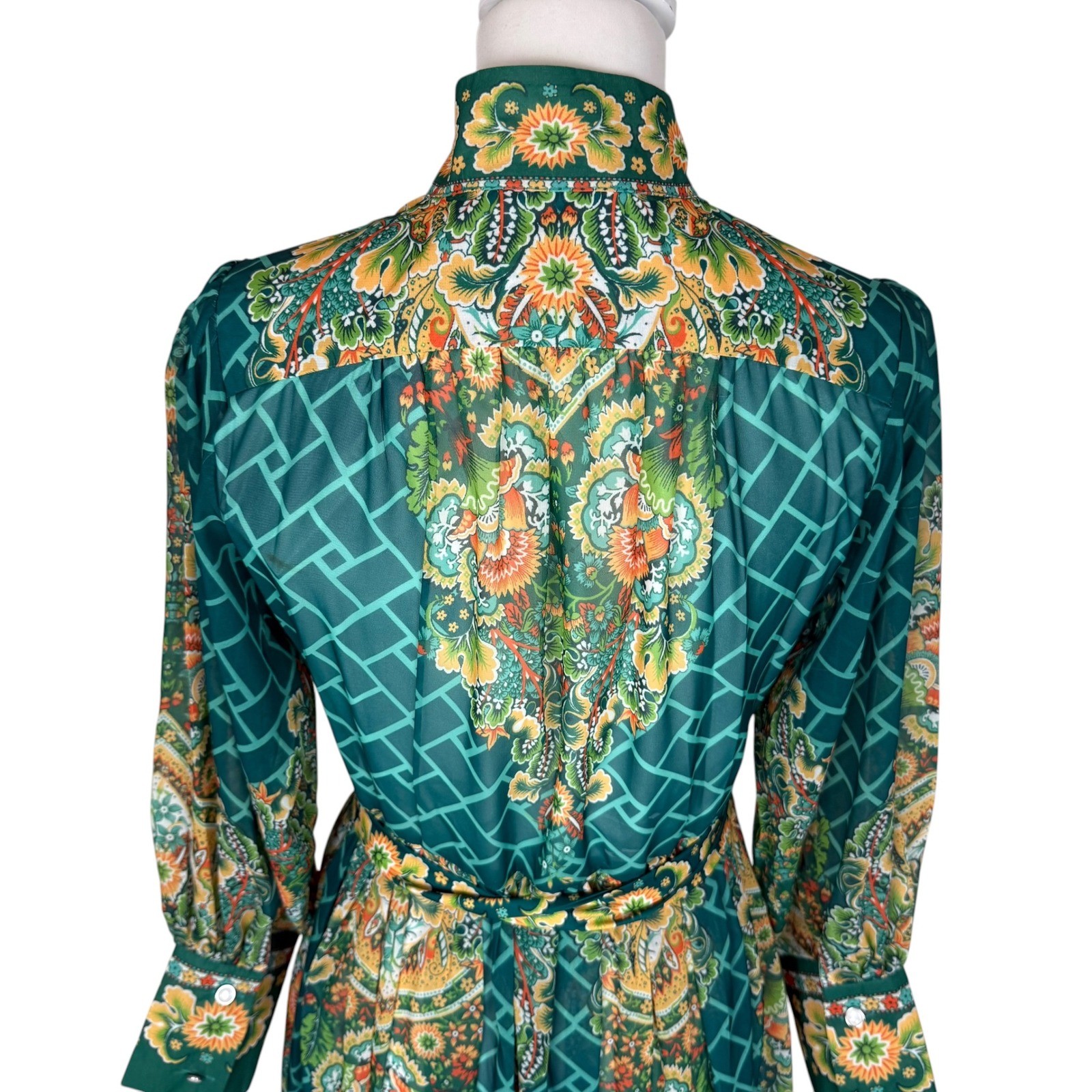 Dalia MacPhee Green Multi Floral Paisley Maxi Dress High Neck Puff Sleeve S New