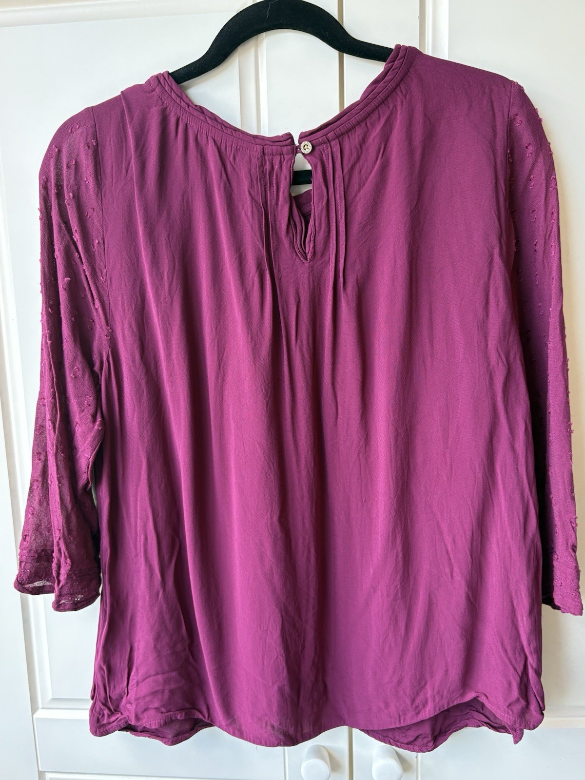 White Stuff Top UK 14 Purple Plum Textured Smock Blouse 3/4 Sleeve Pleated