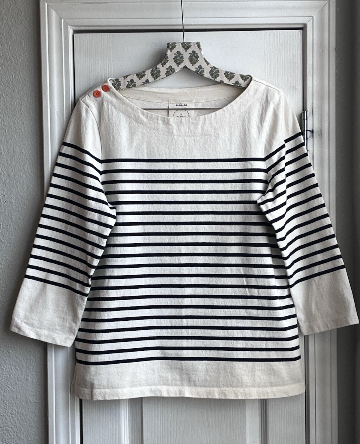 ALLIHOP Striped Boat Neck 3/4 Sleeve 100% Cotton Knit Top White Blue M
