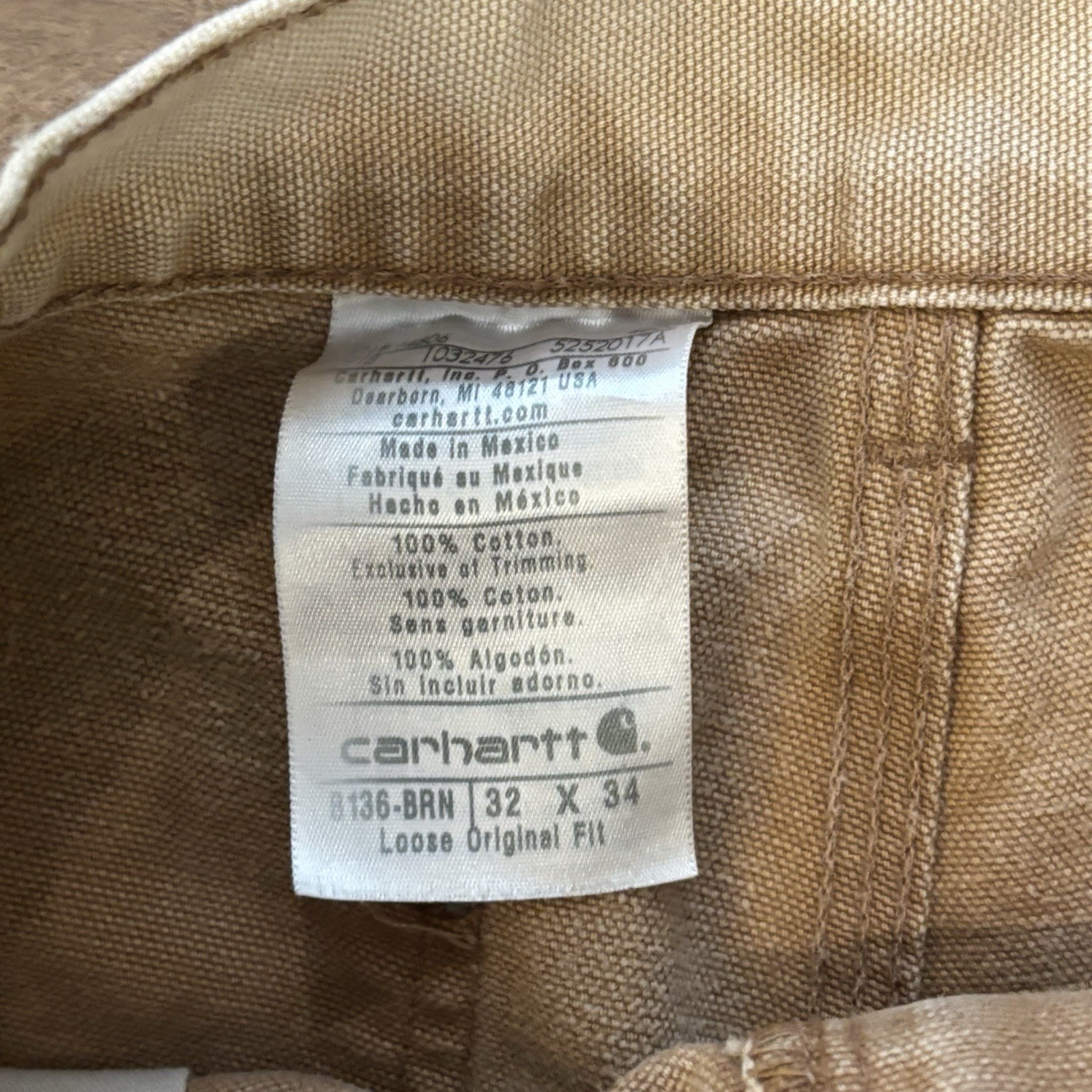 CARHARTT Double Knee CARPENTER PANTS 32X34 B136 BRN Tan THRASHED vtg FADED F6