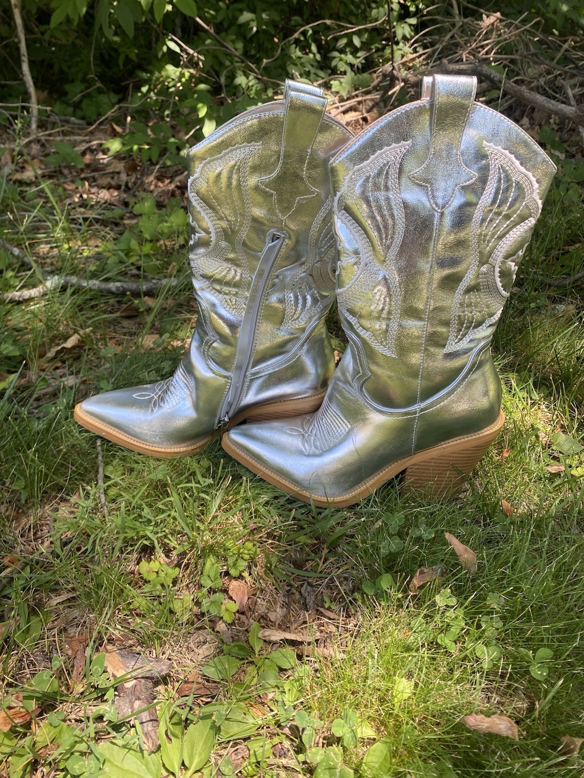 Women’s Metallic Silver Western Embroidered Zip Mid-Calf Boots Pointed Toe 8