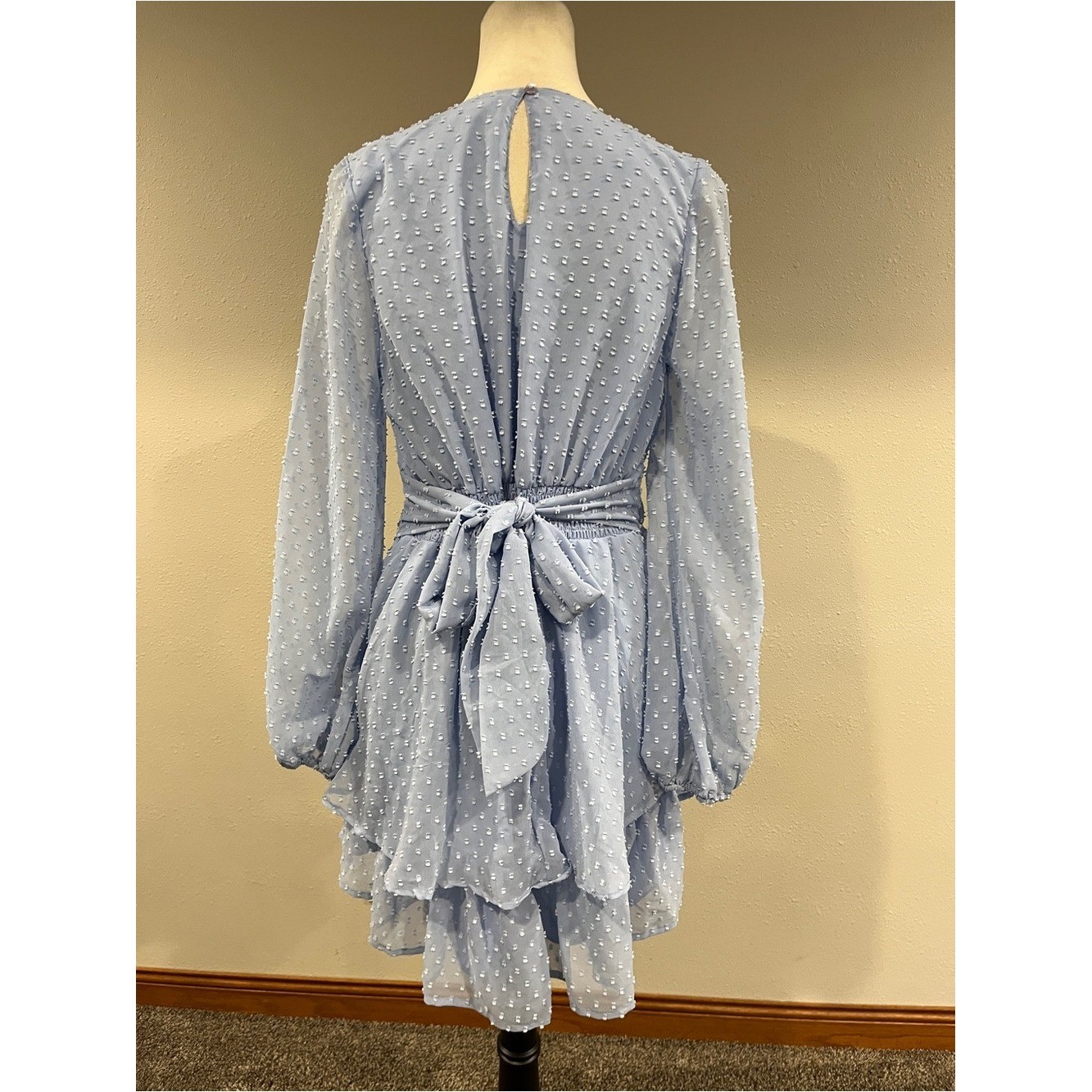 Japan Light Blue Swiss Dot long sleeves fake Wrap mini Dress size large