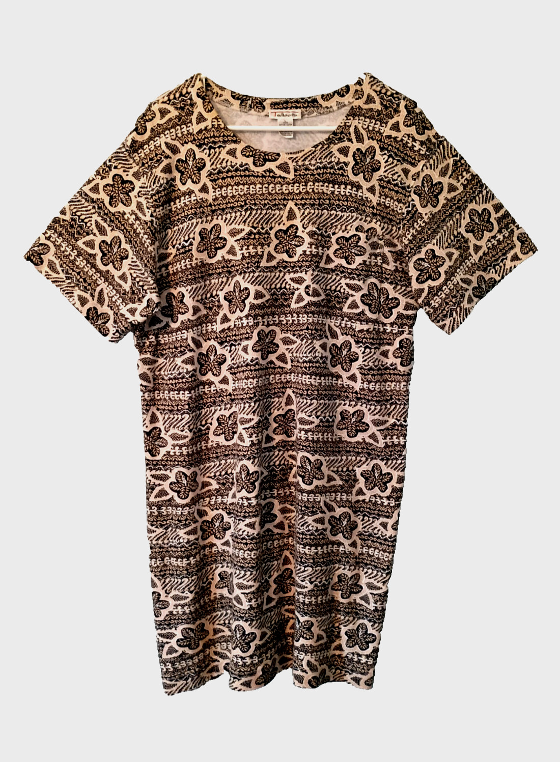 Talbots T-Shirt Dress Short Sleeve Chest Pocket Black Beige Floral Cotton- Large