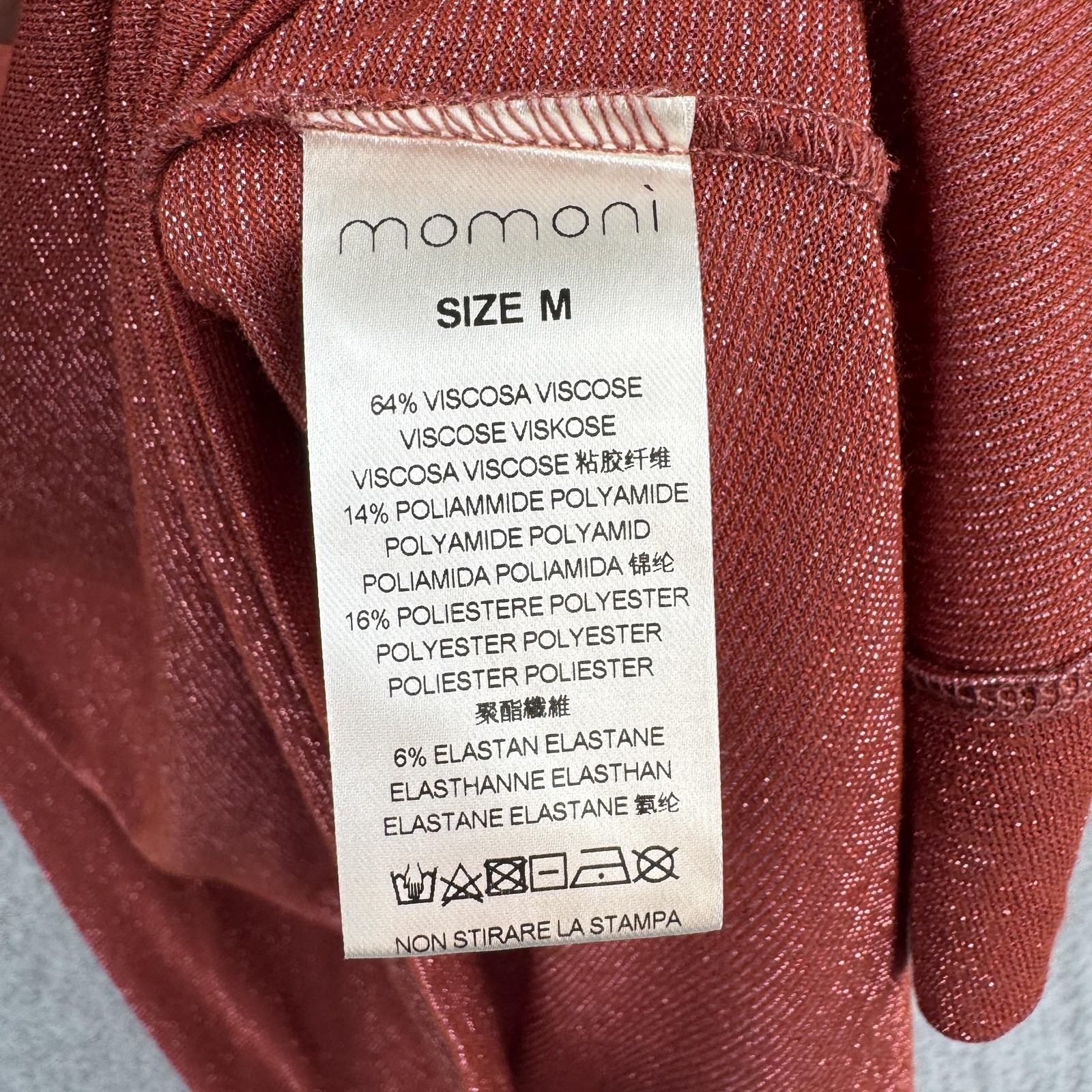 Momoni Top Womens Medium Rust Red Metallic Knit Shimmer Short Sleeve Italy