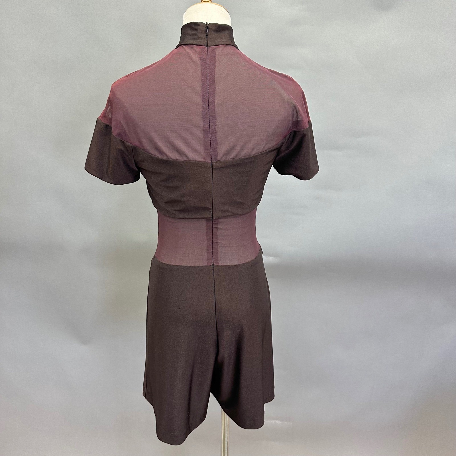 Vintage Cache Brown Sheer Mesh Romper Chain Belt 90s High Neck Short Sleeve