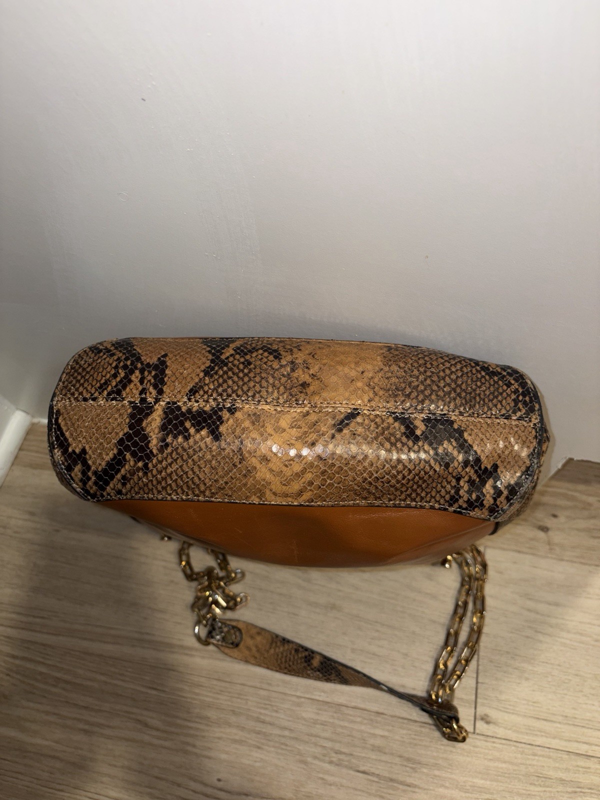 TORY BURCH COGNAC & EXOTIC LEATHER CHAINED STRAP SHOULDER HANDBAG