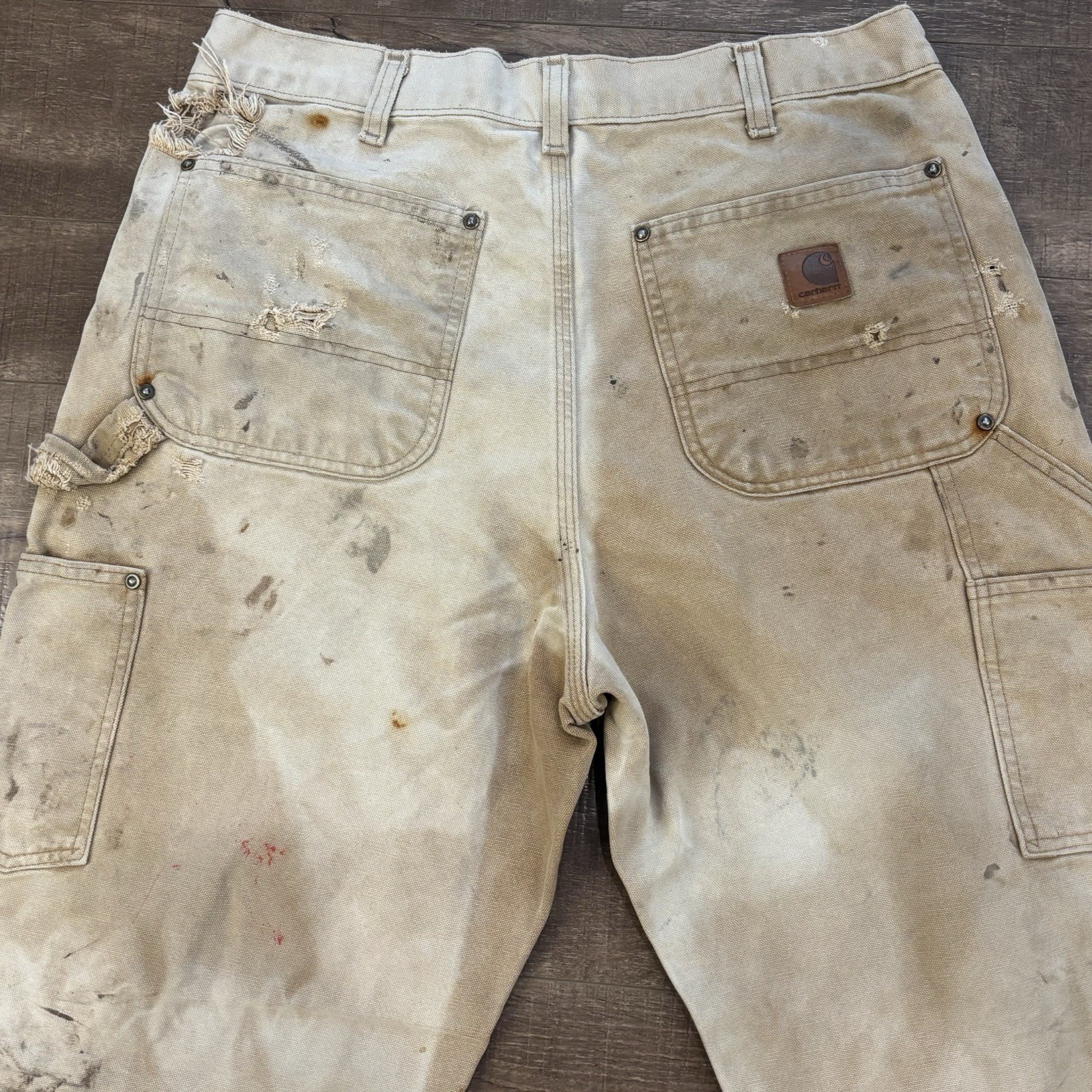 CARHARTT Double Knee CARPENTER PANTS 32X34 B136 BRN Tan THRASHED vtg FADED F6