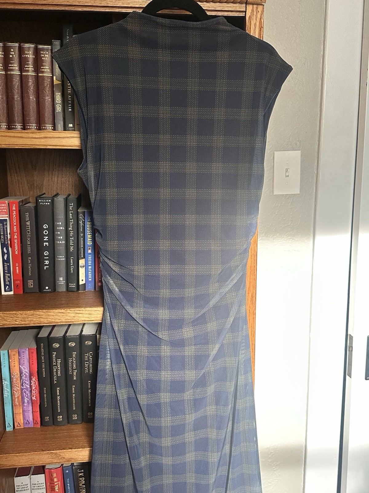 Worthington Women’s L Blue Gray Plaid Midi Dress Boat Neck Cap Sleeve