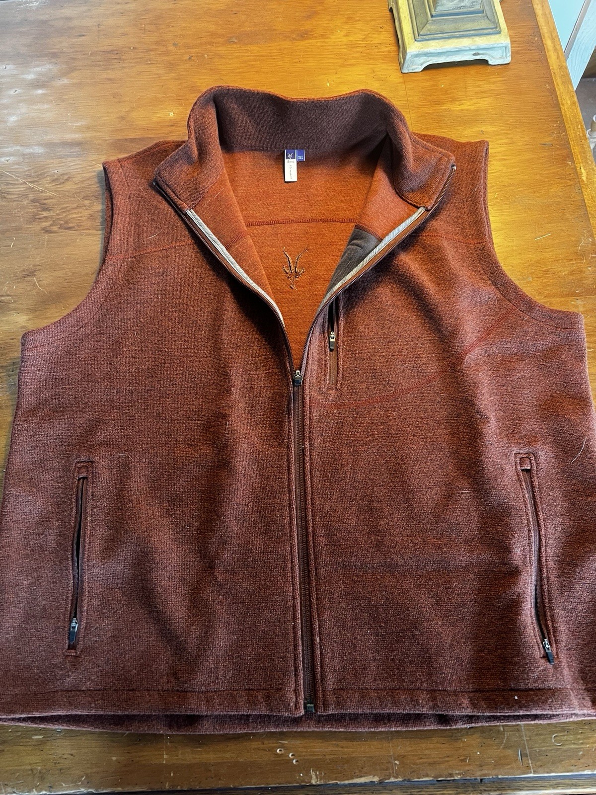 Ibex Men’s Full Zip Wool Vest, Brown, XXL, Stand-Up Collar, Zip Closure