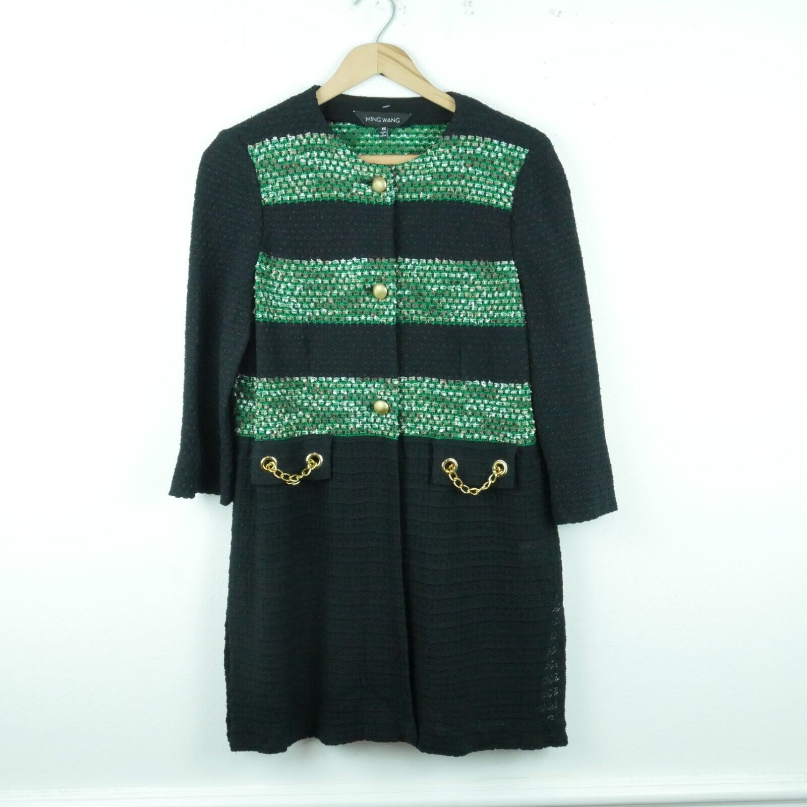 Ming Wang Womens XS Knit Jacket Career Long Green Black Gold Chain Elegant