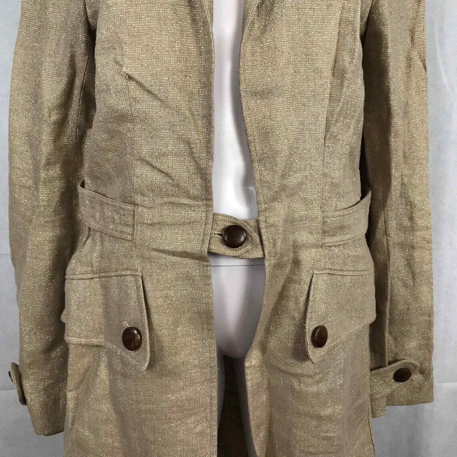 NWT Cache Trench Coat Jacket Womens Sz 12 Gold Beige Metallic Linen Belted