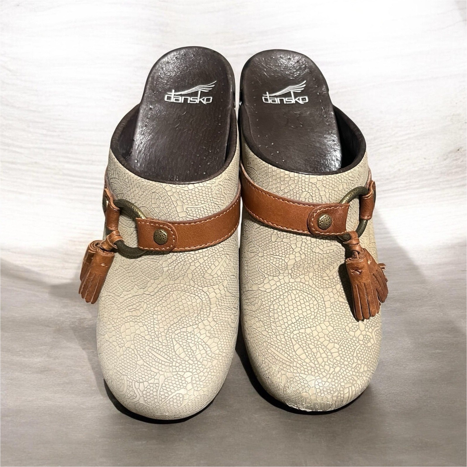 DANSKO Tamara Womens Leather Clog Mule Tassel Strap Beige/Brown EU 38 US 7.5