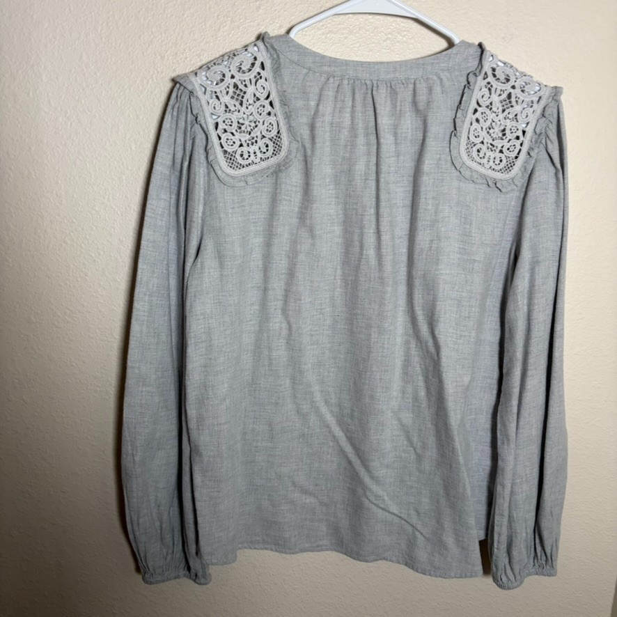 Loft Blouse Women’s Petite Small Gray Lace Popover Long Sleeve Casual Shirt Top