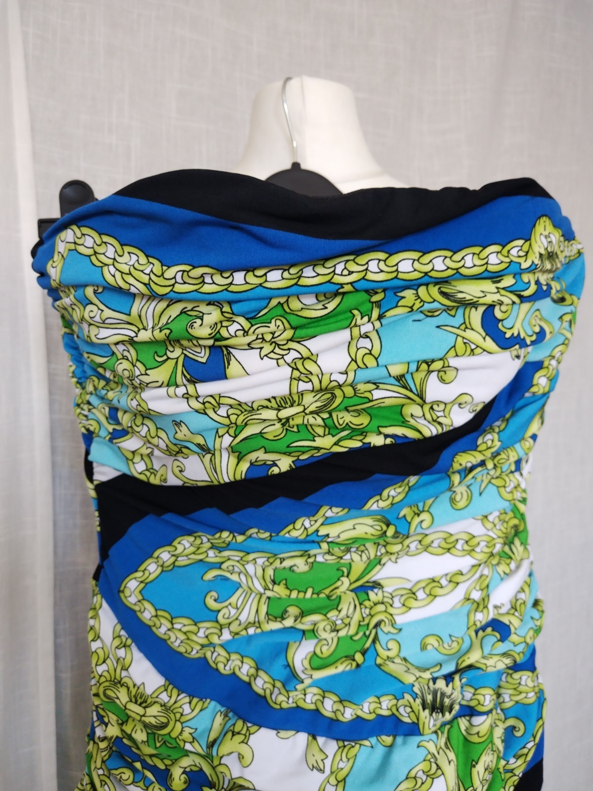 L, Arden B, Blue Green​ White​ Chain Paisley Pattern Strapless Ruched Mini Dress
