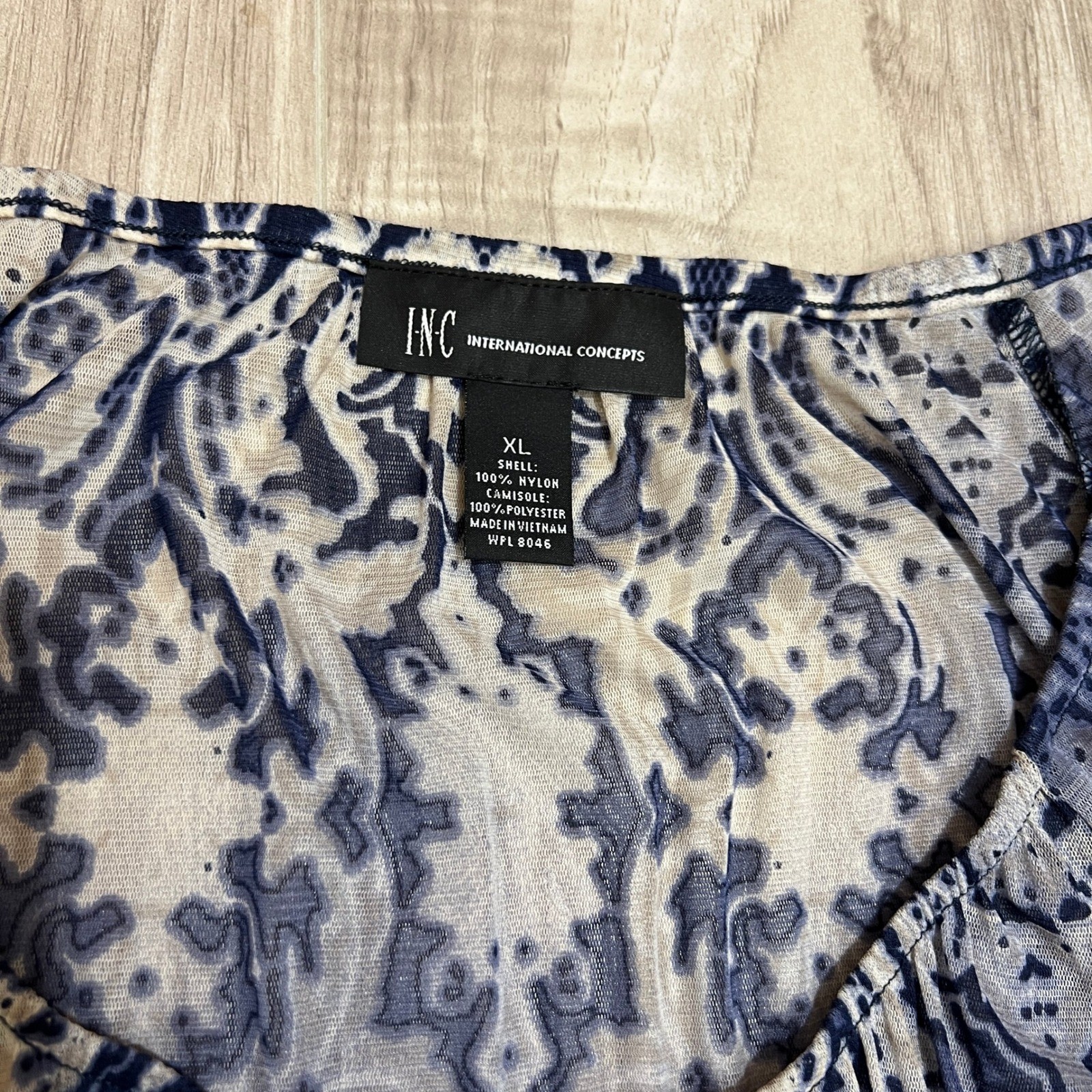INC International Concepts Mesh Blouse XL Blue Gray Damask Paisley 3/4 Sleeve