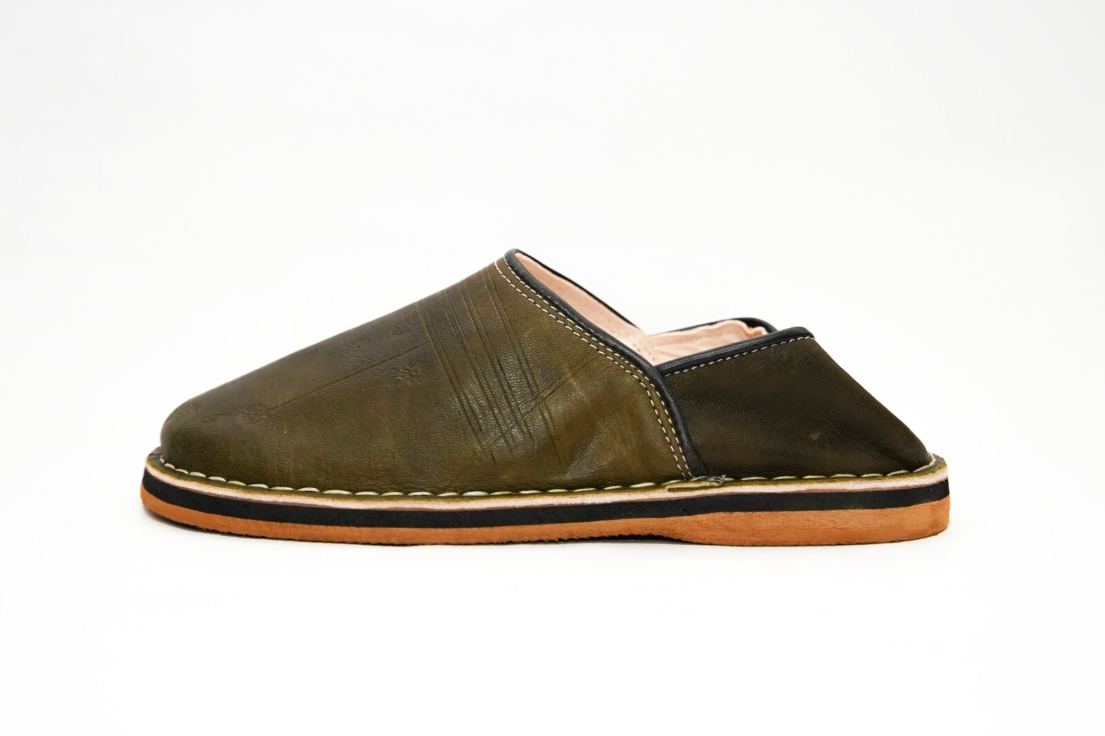 Handmade Moroccan Babouche Slippers for Men – Olive Green Leather – Organic Shee