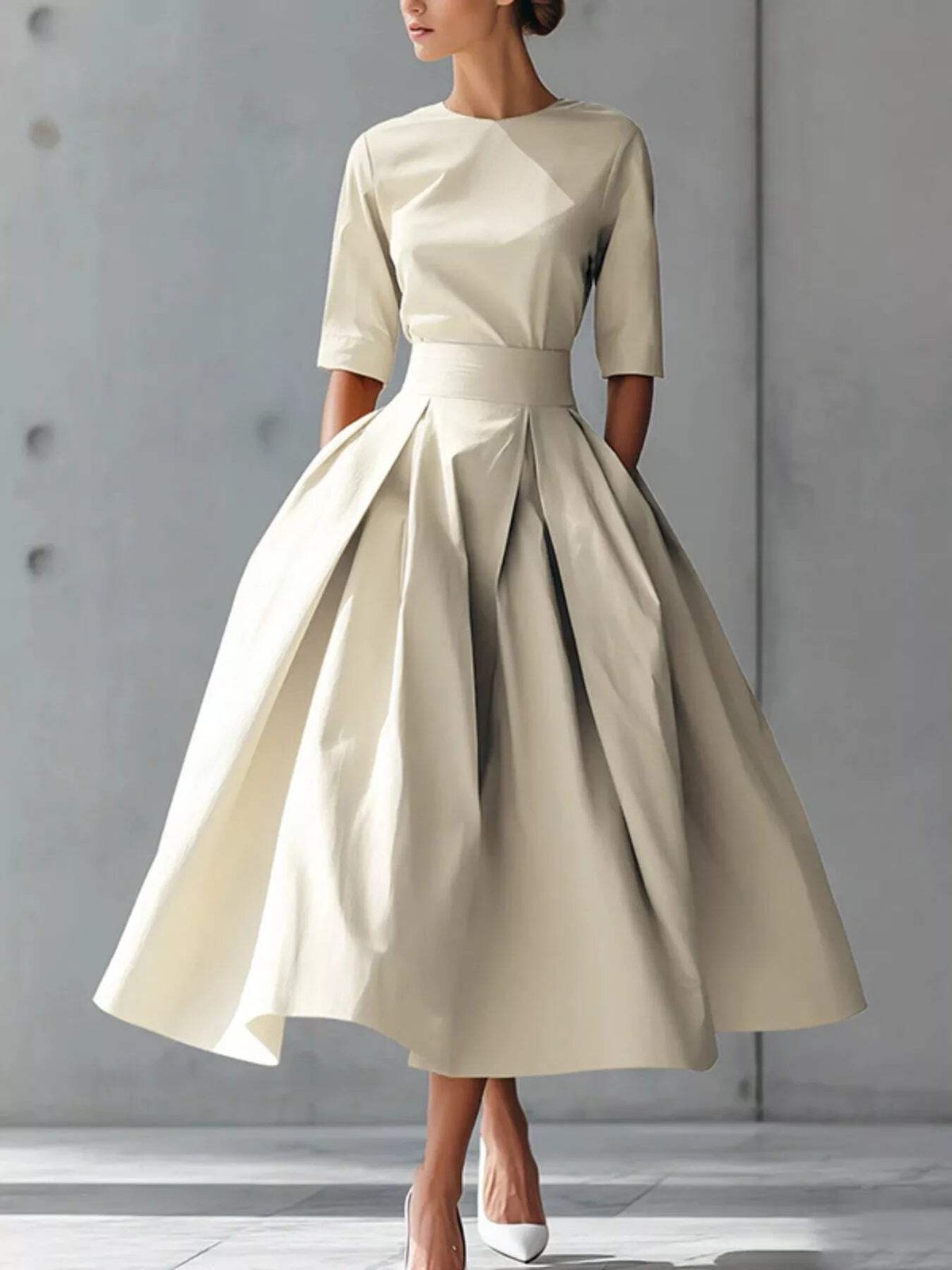 Round Neck A-Line Midi Dress